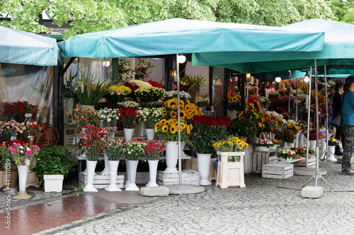 Bukiet pięknych kwiatów różnokolorowych na straganie we Wrocławiu na rynku. 