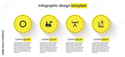 Set Bicycle wheel tire, Stationary bicycle, handlebar and air pump. Business infographic template. Vector