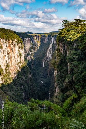 Bridal Veil waterfall inside the Itabezinho Canyon located in southwestern Brazilian city of Cambará do Sul, Rio Grande do Sul, top view photo