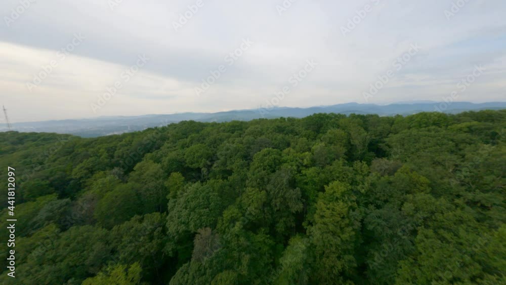 Shooting from fpv drone close flying to green forest trees in central Sochi panorama with high houses, sea. Aerial view amazing touristic city natural seascape at summer sunny day with cloudy sky Shooting from fpv drone close flying to green forest trees in central Sochi panorama with high houses, sea. Aerial view amazing touristic city natural seascape at summer sunny day with cloudy sky
