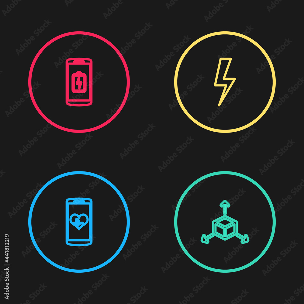 Set line Smartphone with heart rate, Isometric cube, Lightning bolt and battery charge icon. Vector Set line Smartphone with heart rate, Isometric cube, Lightning bolt and battery charge icon. Vector