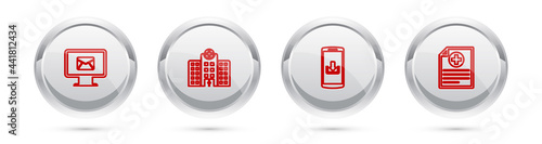 Set line Monitor and envelope, Medical hospital building, Smartphone with download and Clinical record. Silver circle button. Vector