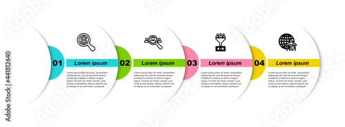 Set line Magnifying glass and dollar, for search people, Lead management and Globe with flying plane. Business infographic template. Vector