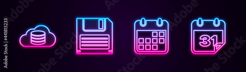 Set line Cloud database, Floppy disk, Calendar and . Glowing neon icon. Vector