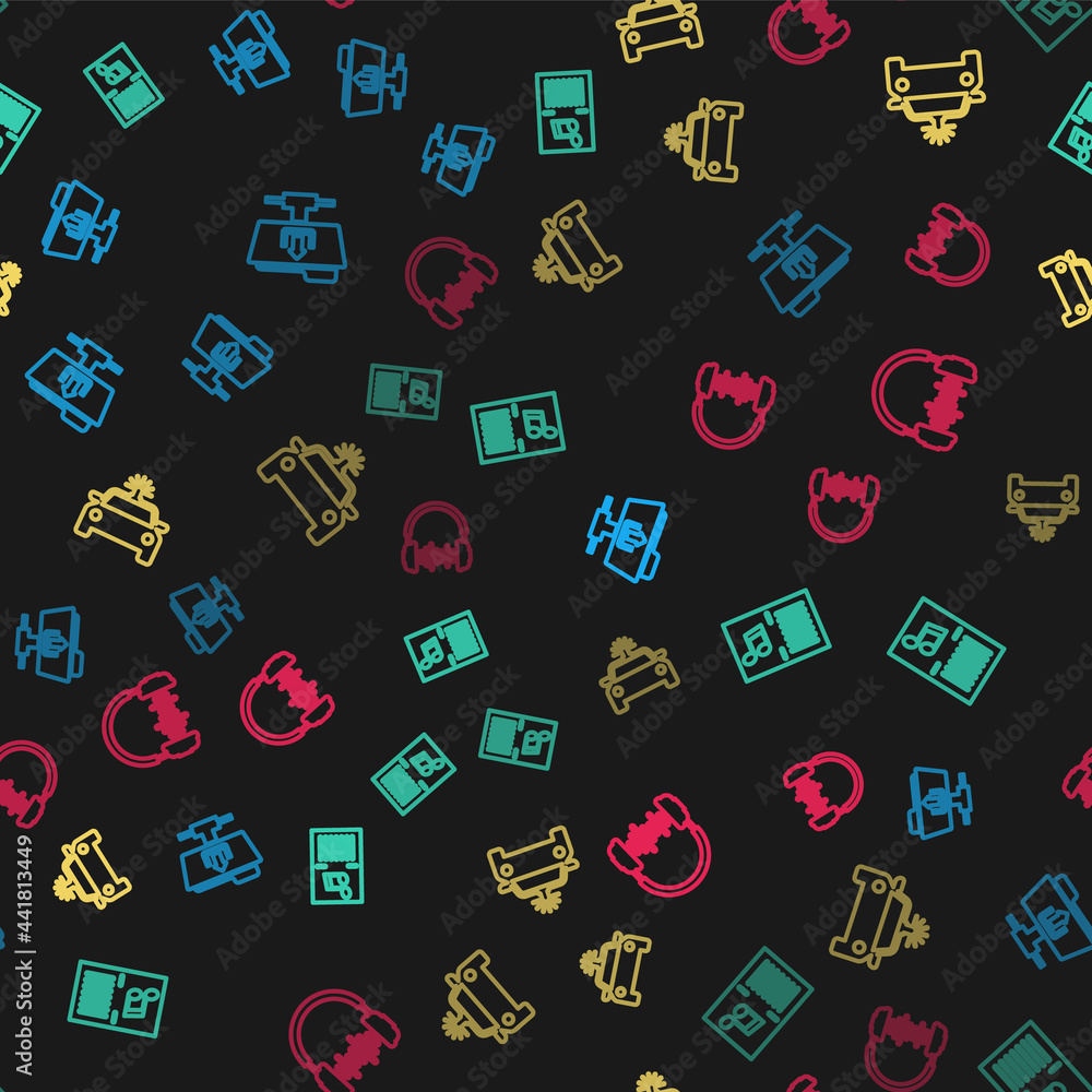Set line FTP folder upload, Music book with note, Police car and flasher and Headphone sound waves on seamless pattern. Vector Set line FTP folder upload, Music book with note, Police car and flasher and Headphone sound waves on seamless pattern. Vector