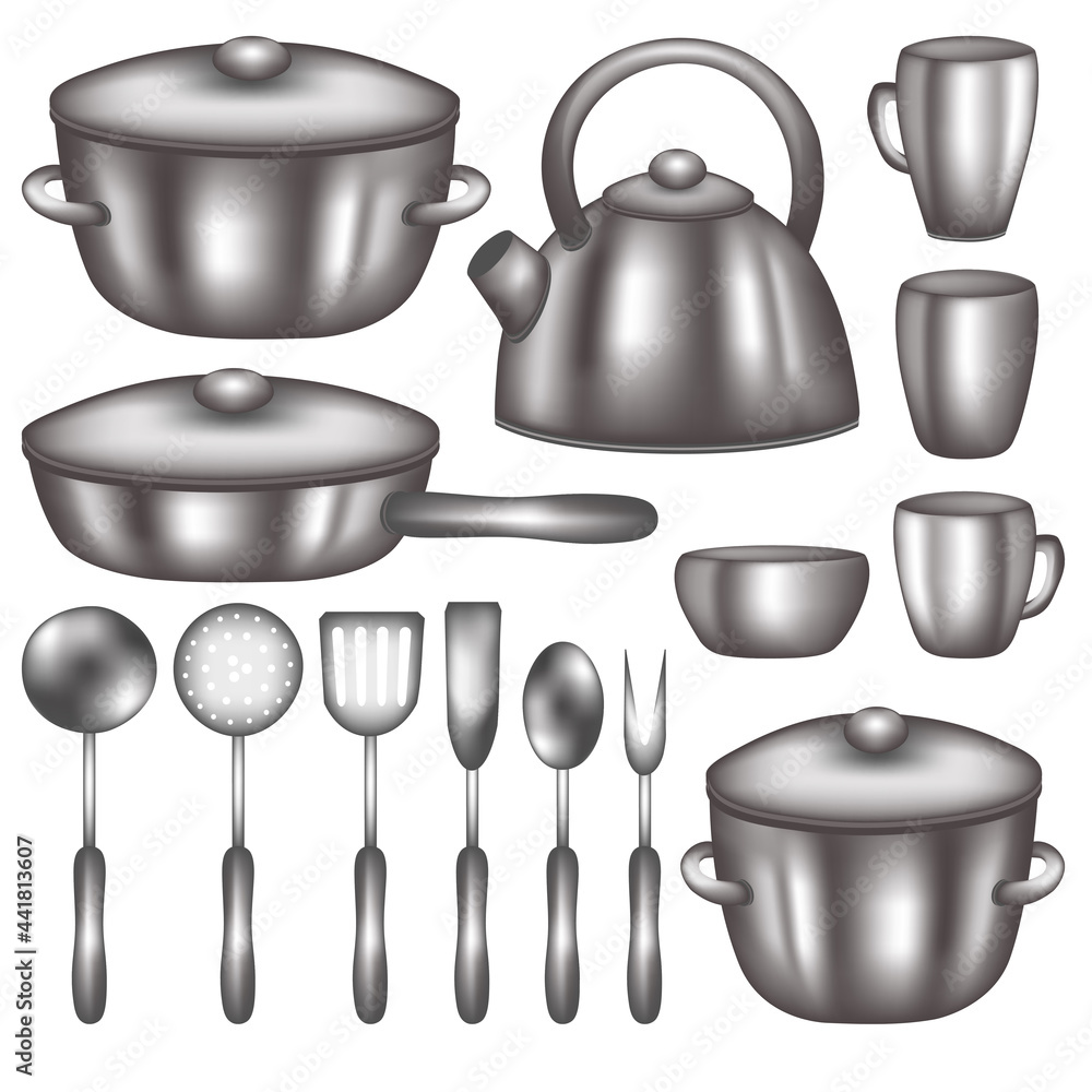 Kitchenware metal utensils collection isolated on white background. Realistic still life dishware. Stainless steel cookery tools.
Kitchenware metal utensils collection isolated on white background. Realistic still life dishware. Stainless steel cookery tools.
