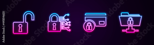 Set line Open padlock, Cyber security, Credit card with and FTP folder and. Glowing neon icon. Vector