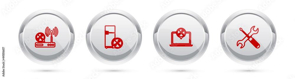 Set line Router wi-fi service, Refrigerator, Laptop and Crossed screwdriver and wrench. Silver circle button. Vector Set line Router wi-fi service, Refrigerator, Laptop and Crossed screwdriver and wrench. Silver circle button. Vector