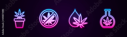 Set line Marijuana plant in pot, Stop marijuana, or cannabis leaf oil and Test tube with. Glowing neon icon. Vector