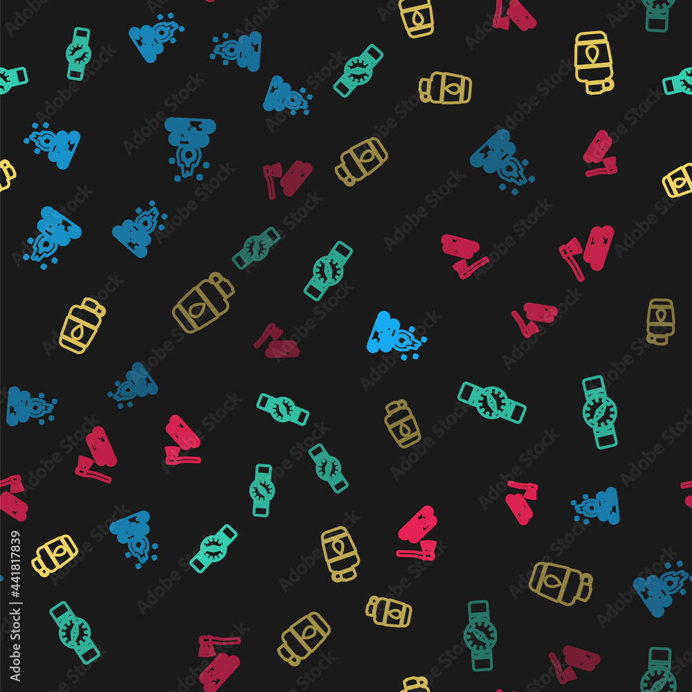 Set line Campfire, Compass, Canteen water bottle and Wooden axe and wood on seamless pattern. Vector Set line Campfire, Compass, Canteen water bottle and Wooden axe and wood on seamless pattern. Vector