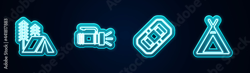 Set line Tourist tent, Flashlight, Rafting boat and . Glowing neon icon. Vector