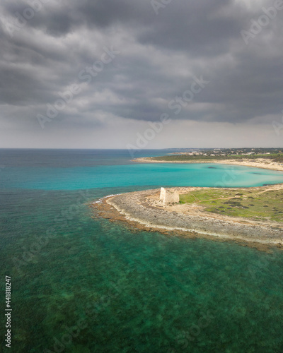 Medieval tower on the sea  Puglia  Italy. Aerial landscape