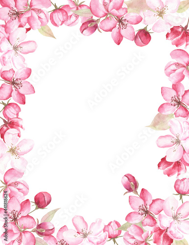 Floral frame of apple blossom painted in watercolor, on white isolated background. For invitations, cards and other design projects; good to use as vertical and horizontal format. 