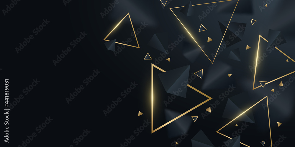 Geometric background of black and golden 3d triangles. Stylish design for template, cover, banner, brochure. Decorative, polygonal shapes with blur. Vector illustration Geometric background of black and golden 3d triangles. Stylish design for template, cover, banner, brochure. Decorative, polygonal shapes with blur. Vector illustration