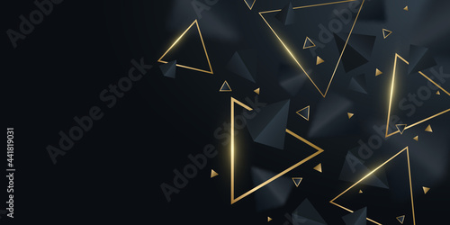 Geometric background of black and golden 3d triangles. Stylish design for template, cover, banner, brochure. Decorative, polygonal shapes with blur. Vector illustration