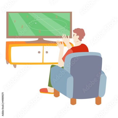 man watches football on TV. football fan in armchair. cheerful lively man in a chair in front of a home theater. TV show and movies. stock vector illustration isolated on white background.