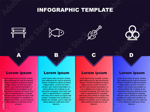 Set line Bench, Fish, Violin and Wooden barrels. Business infographic template. Vector
