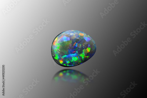Natural australian precious black multi color play opal freeform cabochon polished gemstone setting for jewelry making. Coober Pedy mined, untreated, real gem. Yellow, blue, green, red, purple flashes photo
