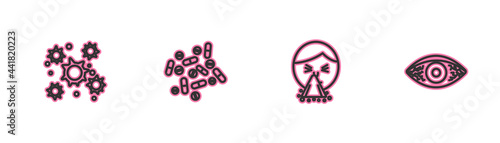 Set line Bacteria, Handkerchief to his runny nose, Medicine pill or tablet and Reddish eye allergic conjunctivitis icon. Vector