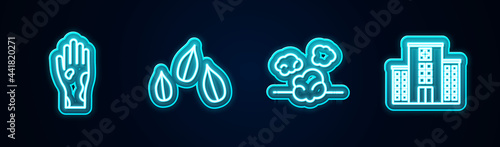 Set line Hand with psoriasis or eczema, Sesame seeds, Dust and Medical hospital building. Glowing neon icon. Vector