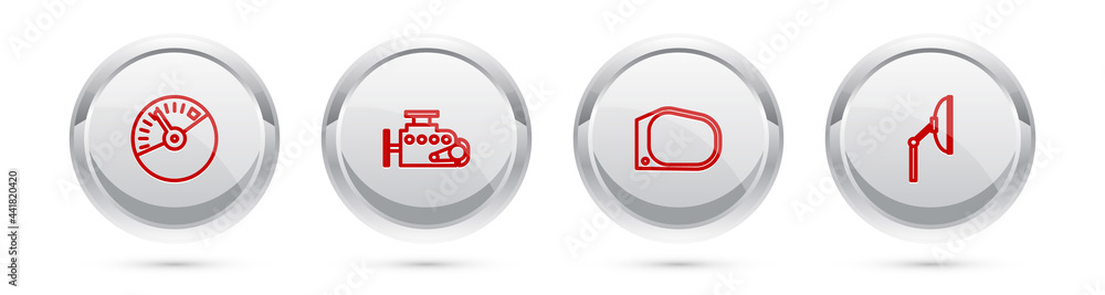 Set line Speedometer, Car engine, mirror and Windscreen wiper. Silver circle button. Vector Set line Speedometer, Car engine, mirror and Windscreen wiper. Silver circle button. Vector