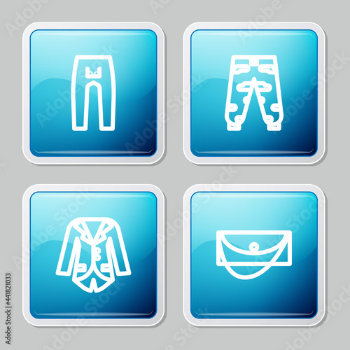 Set line Pants  Camouflage cargo pants  Blazer or jacket and Clutch bag icon. Vector