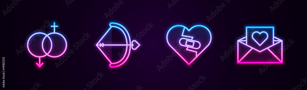 Set line Gender, Bow and arrow, Healed broken heart and Envelope with Valentine. Glowing neon icon. Vector Set line Gender, Bow and arrow, Healed broken heart and Envelope with Valentine. Glowing neon icon. Vector