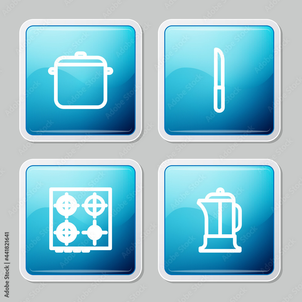 Set line Cooking pot, Knife, Gas stove and French press icon. Vector Set line Cooking pot, Knife, Gas stove and French press icon. Vector