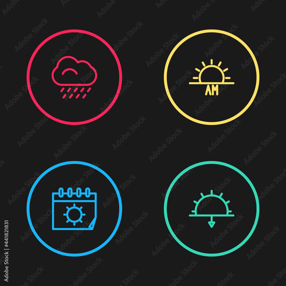 Set line Calendar and sun, Sunset, Sunrise and Cloud with rain icon. Vector