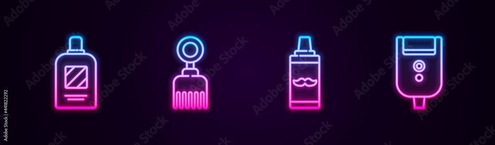Set line Bottle of shampoo, Hairbrush, Shaving gel foam and Electric razor blade for men. Glowing neon icon. Vector Set line Bottle of shampoo, Hairbrush, Shaving gel foam and Electric razor blade for men. Glowing neon icon. Vector
