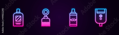 Set line Bottle of shampoo, Hairbrush, Shaving gel foam and Electric razor blade for men. Glowing neon icon. Vector