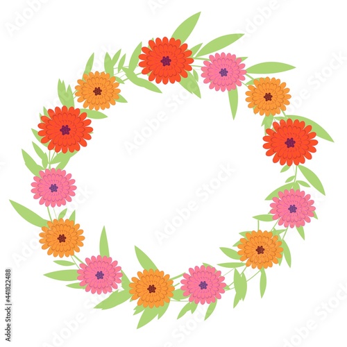 colorful blossoms and leaves round frame isolated on white background, vector frame, great decoration for cosmetic, gardening, healthy lifestyle, ecology or spring themes