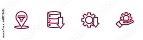 Set line Location with sales funnel, Cost reduction, Server, Data, Web Hosting and Hand settings gear icon. Vector