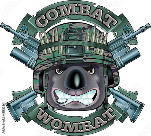 crossed assault rifles and wombat wearing military helmet