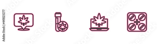 Set line Location and cannabis, Laptop marijuana or, Chemical test tube with and Medical pills icon. Vector