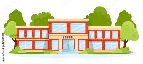 Front view of a classic school building with big windows and doors. Flat, cartoon style vector illustration. Elementary or high school architecture with trees and shrubs.