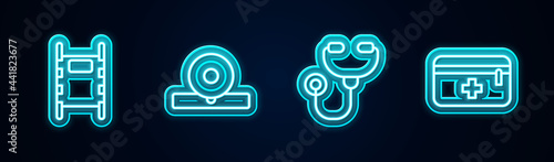 Set line Stretcher, Otolaryngological head reflector, Stethoscope and First aid kit. Glowing neon icon. Vector