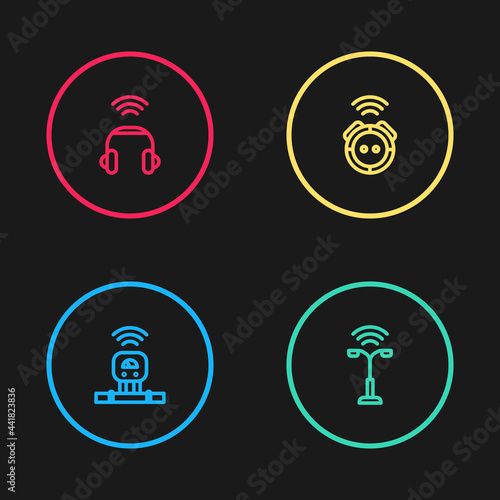 Set line Smart sensor, street light, Robot vacuum cleaner and headphones icon. Vector