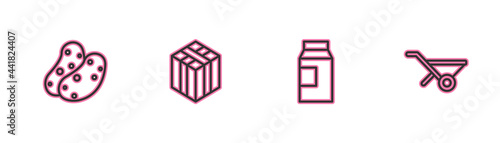 Set line Potato, Paper package for milk, Bale of hay and Wheelbarrow icon. Vector