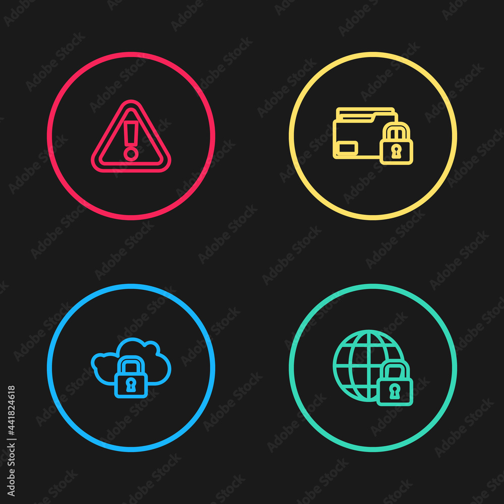 Set line Cloud computing lock, Global lockdown, Folder and and Exclamation mark triangle icon. Vector Set line Cloud computing lock, Global lockdown, Folder and and Exclamation mark triangle icon. Vector