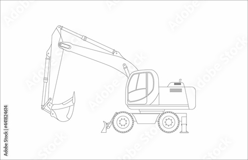 Vector sketch of a wheeled excavator on a white background. Vector illustration