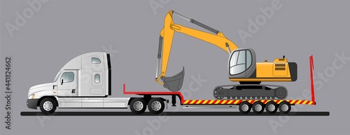 Image of a modern American low loader with cargo. Goose excavator. Transportation of construction equipment. Flat vector illustration.