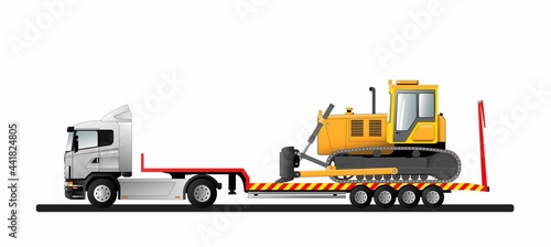 Image of a modern European low loader semi-trailer with cargo. Goose bulldozer. Transportation of construction equipment.