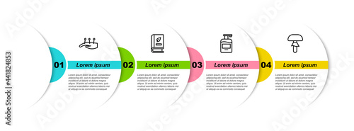 Set line Acupuncture therapy, Medical book, Bottle of liquid soap and Mushroom. Business infographic template. Vector