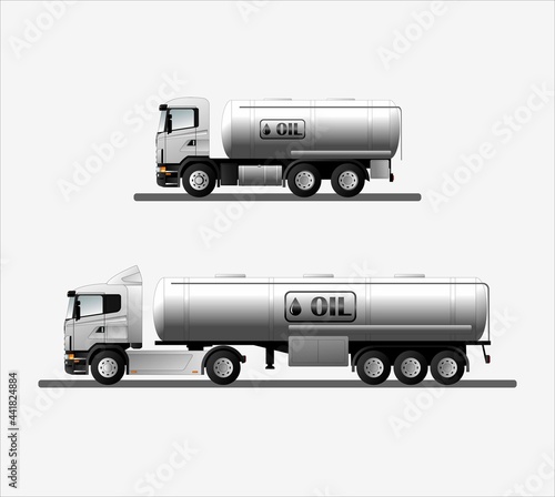 a set of modern European trucks with an oil tanker and an oil sign. Vector illustration.