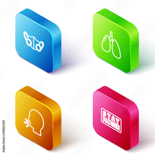 Set Isometric line Medical protective mask, Lungs, Man coughing and Stay home icon. Vector