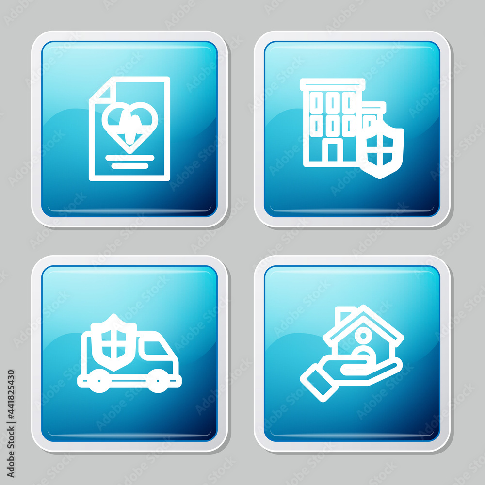 Set line Health insurance, House with shield, Car and icon. Vector Set line Health insurance, House with shield, Car and icon. Vector