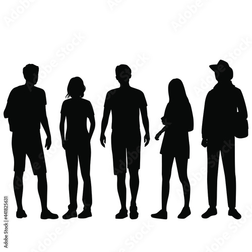 Vector silhouettes of  men and a women  a group of standing  business people  black  color isolated on white background