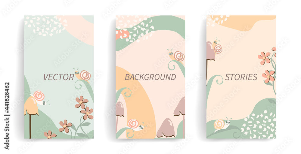 Vector layout with copy space for text. Abstract flowers design template for social media posts, stories, banners, mobile apps, web, print ads. Seasonal journaling card with funny snail and mushrooms
