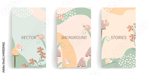 Vector layout with copy space for text. Abstract flowers design template for social media posts, stories, banners, mobile apps, web, print ads. Seasonal journaling card with funny snail and mushrooms